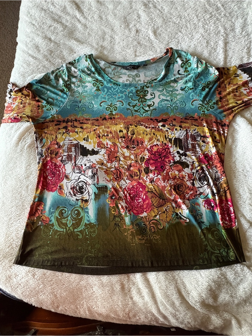 Floral Ombre Scoop Neck 3/4 Sleeves Women's Top - Multi Color
